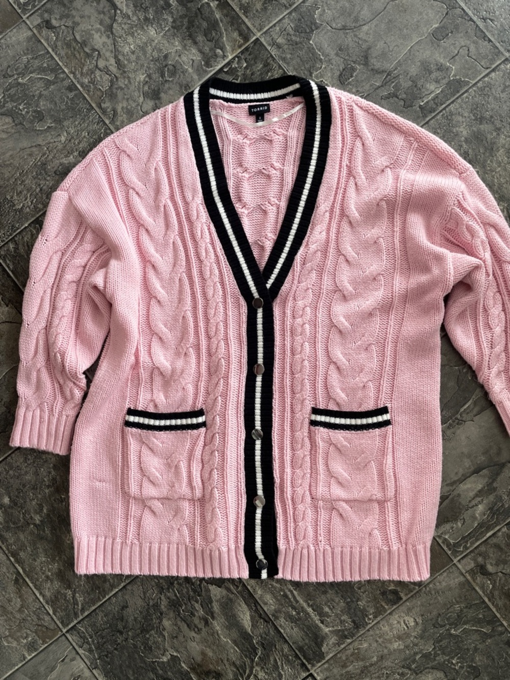 TORRID Pink Cable Knit Black & White Trim Collegiate Oversized Button Cardigan